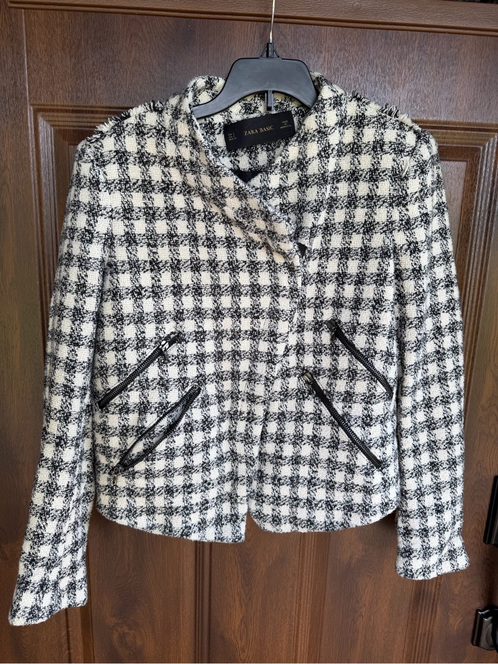 Zara Black and White Check Tweed Business Stylish Moto Blazer